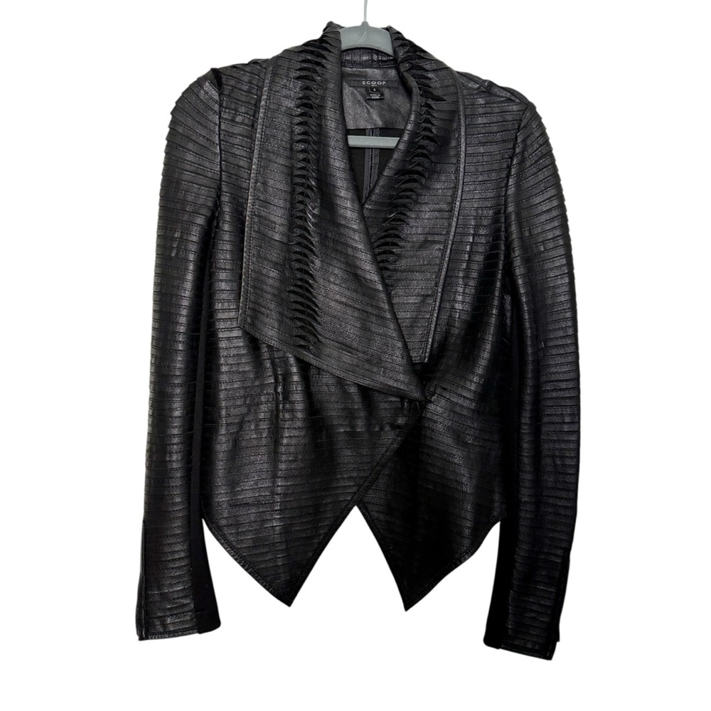 SCOOP NYC Genuine Leather Moto Jacket Black Draped Asymmetrical Size S
